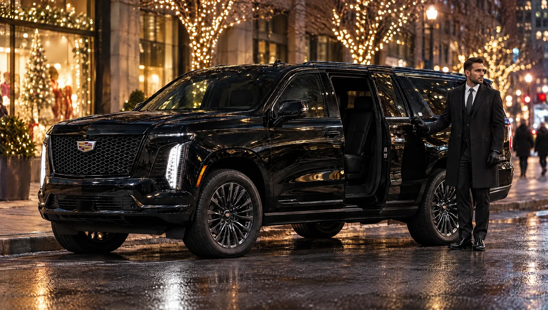 Chauffeur holding the door of a black 2025 Cadillac Escalade ESV on a Manhattan street with holiday lights