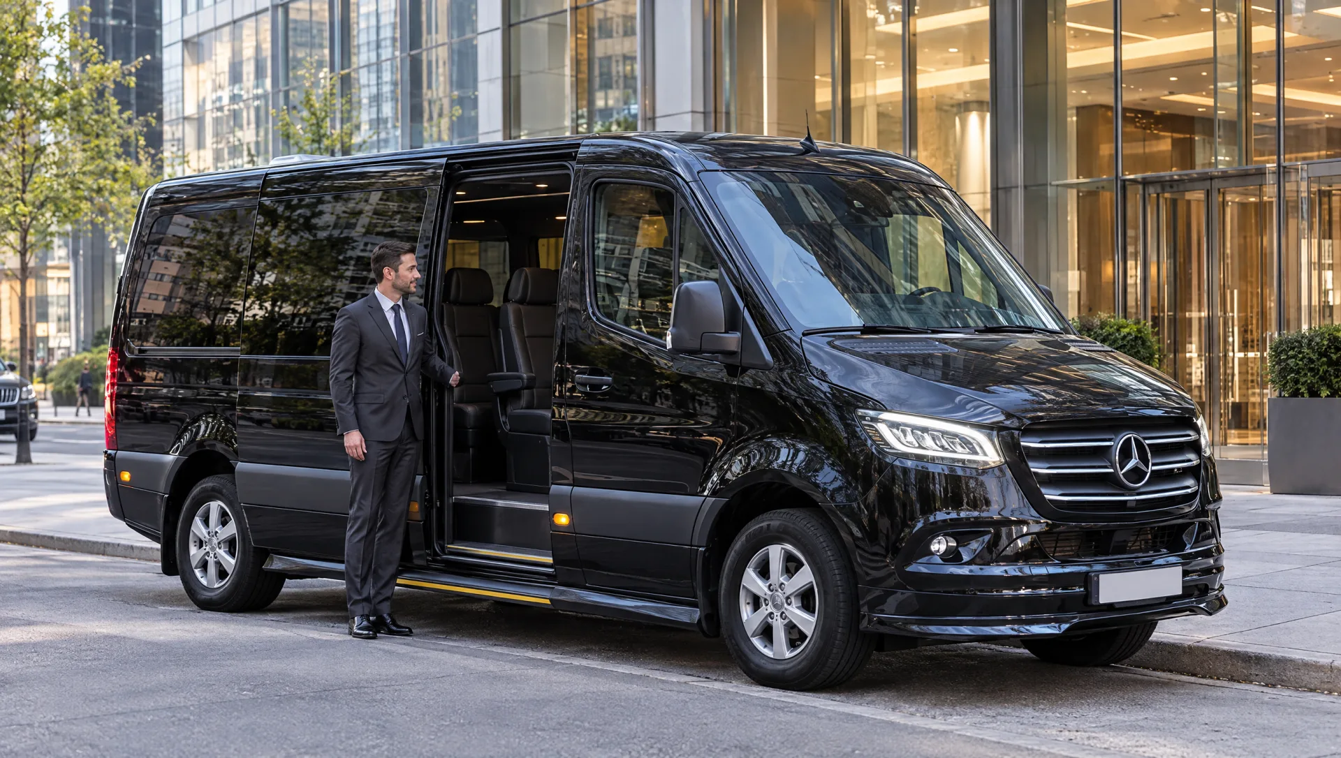 Chauffeur beside a black 2025 Mercedes-Benz Sprinter at an office lobby