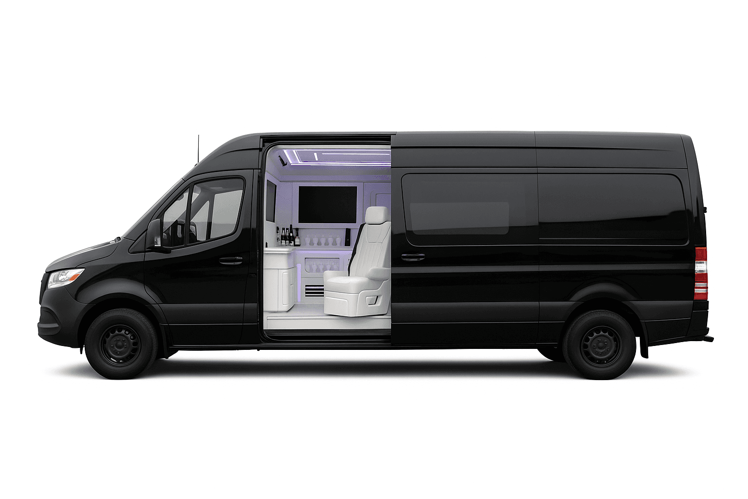 Side profile of a black Mercedes-Benz Sprinter van with the sliding door open