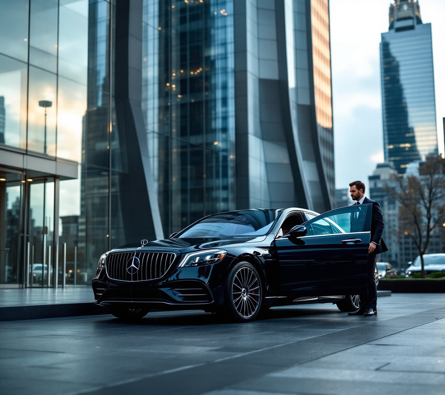 Black Mercedes-Benz S-Class with chauffeur at a Manhattan tower entrance