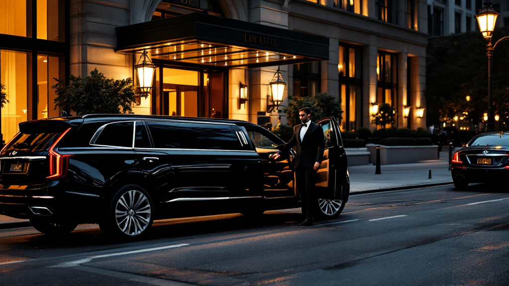 Chauffeur opening the rear door of a black sedan in New York City
